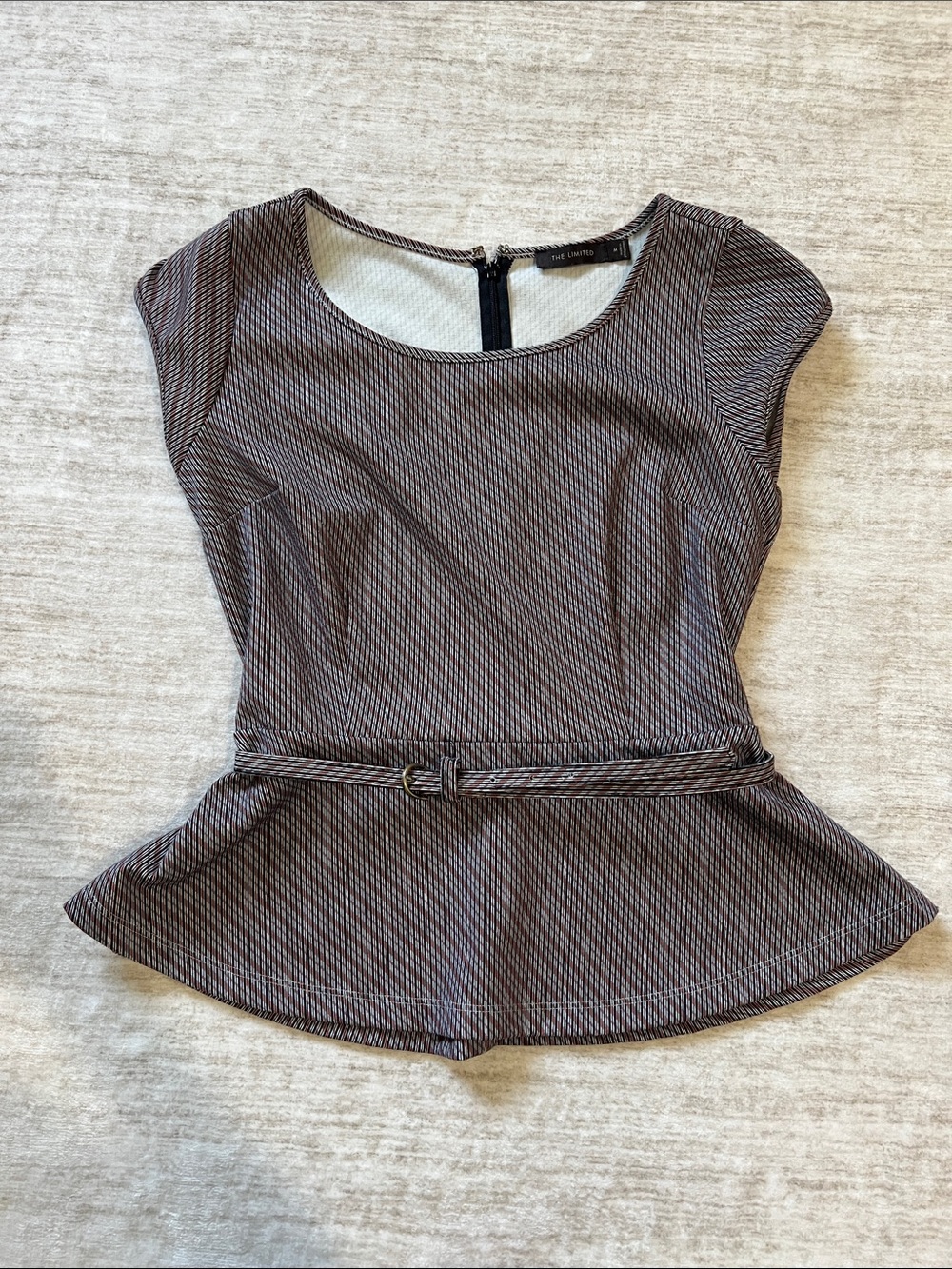 The Limited Brown & Black Pinstripe Peplum Belted Blouse